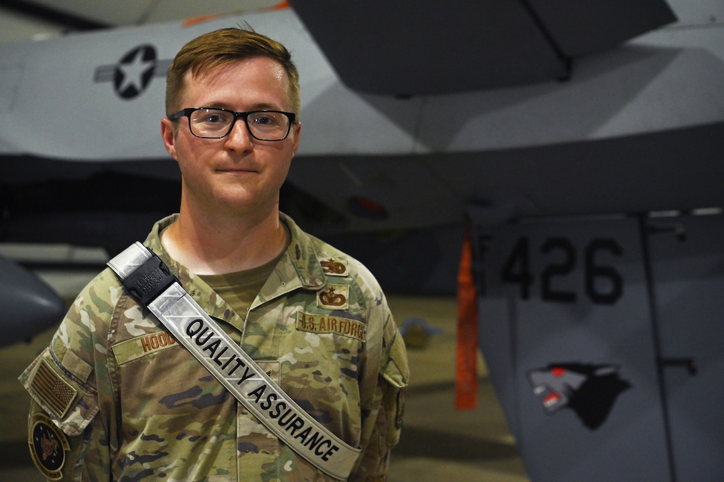 Staff Sgt. Hunter Hood, 431st Expeditionary Reconnaissance Squadron MQ-9 Reaper quality assurance inspector, poses for a photo.