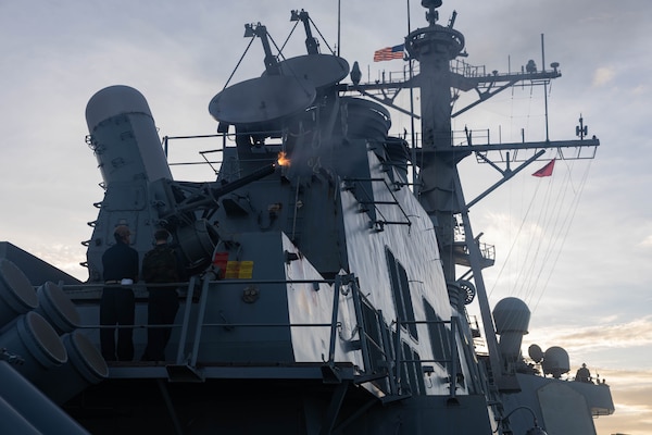 The Arleigh Burke-class guided-missile destroyer USS Higgins (DDG 76) conducts a live-fire exercise during Pacific Vanguard 2025 in the Philippine Sea, Sept. 1.