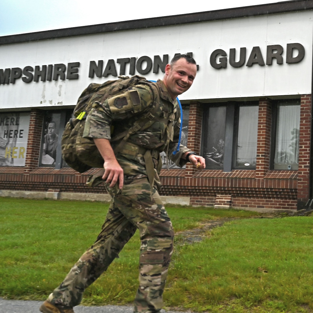 Master Sgt. Jason Inglis, a boom operator with the 133rd Air Refueling Squadron, New Hampshire Air National Guard, races down Loudon Road in Concord, New Hampshire, during an 18.6-mile Norwegian Foot March on June 14, 2025. Inglis placed second out of 56 Soldiers and Airmen with a time of 3:24:00. (U.S Air National Guard photo by Master Sgt. Charles Johnston)