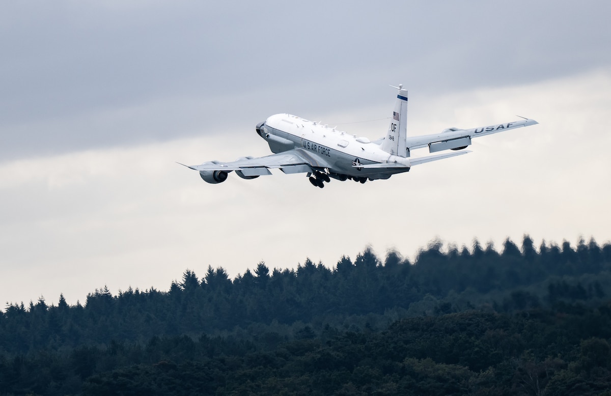 A U.S. Air Force RC-135 Rivet Joint, assigned to the 95th Reconnaissance Squadron, departs RAF Mildenhall, United Kingdom, Aug. 21, 2025. With 108 years of continuous service, the 95th RS stands as one of the oldest active units in the Air Force. Since its activation on Aug. 20, 1917, the squadron has carried a variety of missions through nearly every major conflict, including its historic role as a bombardment squadron during the Doolittle Raid of 1942. (U.S. Air Force photo by Staff Sgt. Kevin Long)