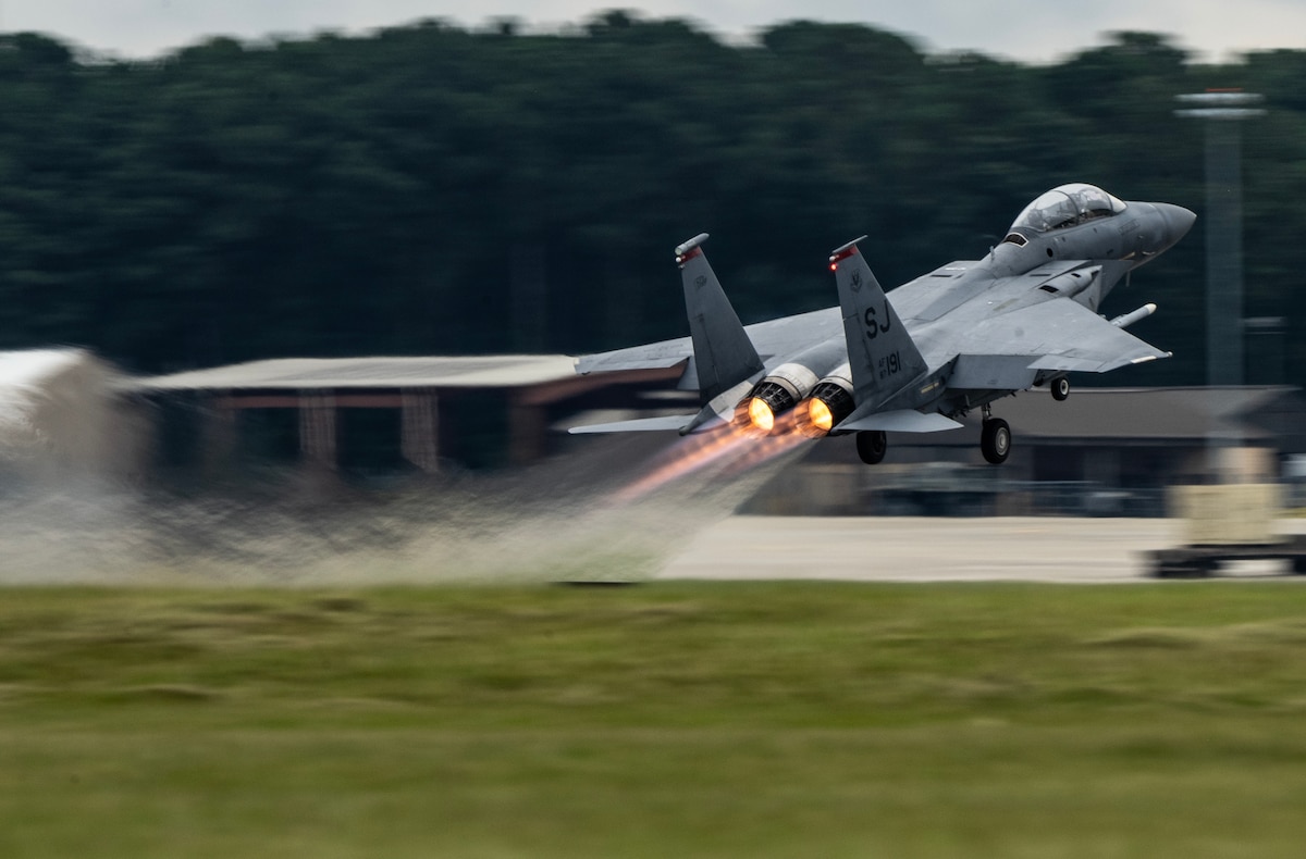 An F-15E Strike Eagle takes off for a training sortie at Seymour Johnson Air Force Base, N.C., Aug. 22, 2025. The mission supported a Commander Inspection Program for the Generate, Employ and Sustain exercise, designed to prepare Airmen for deployment and global fighter aircraft operations in contested environments. (U.S. Air Force photo by Master Sgt. Alexandre Montes)