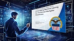 An illustrated figure in a space surrounded by stylized technological lighting studies a screen with text saying "Transforming Defense Logistics Planning: Leveraging Machine Learning for Enhanced Warfighter Readiness"