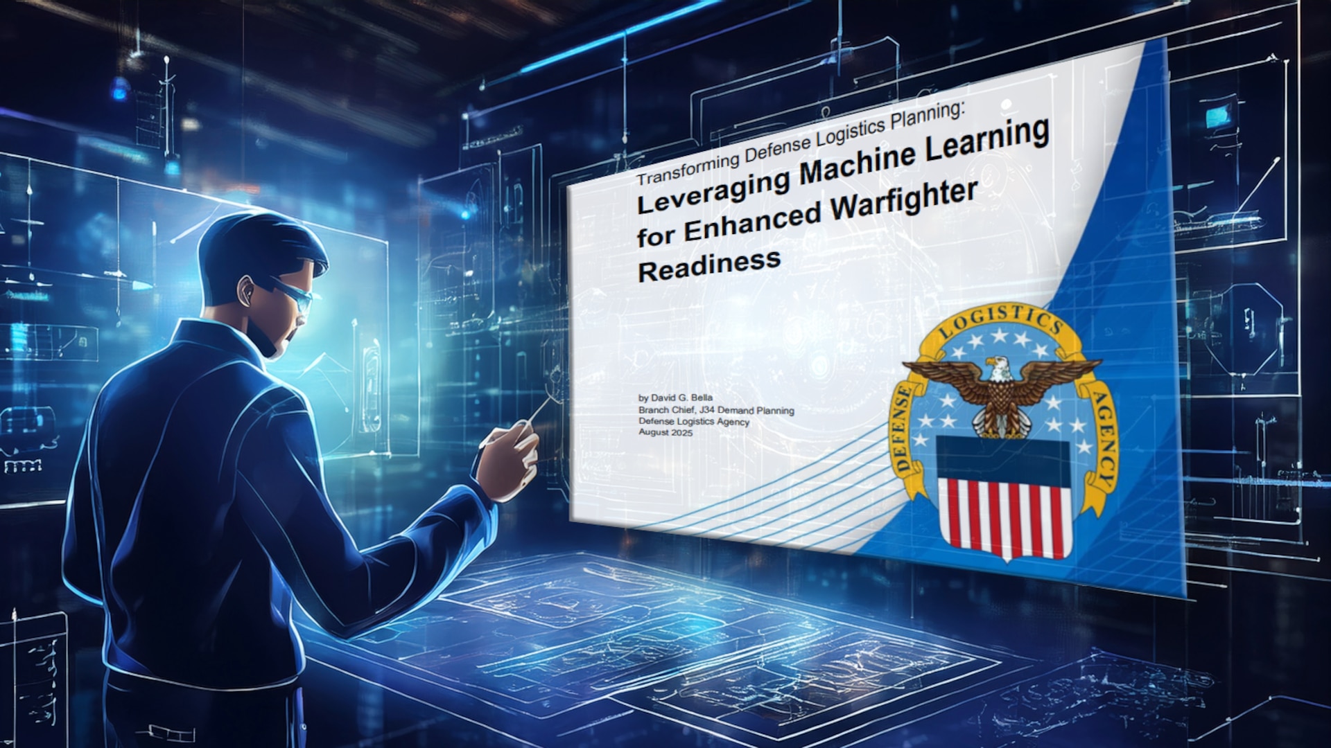 An illustrated figure in a space surrounded by stylized technological lighting studies a screen with text saying "Transforming Defense Logistics Planning: Leveraging Machine Learning for Enhanced Warfighter Readiness"