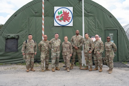 U.S. Air Force Maj. Gen. Gary Keefe, the Adjutant General of the Massachusetts National Guard (MANG), and senior leaders from the 164th Transportation Battalion visit the 1060th Transportation Company and the 110th Combat Sustainment Support Battalion during their deployment in Zagan, Poland, May 23, 2025.