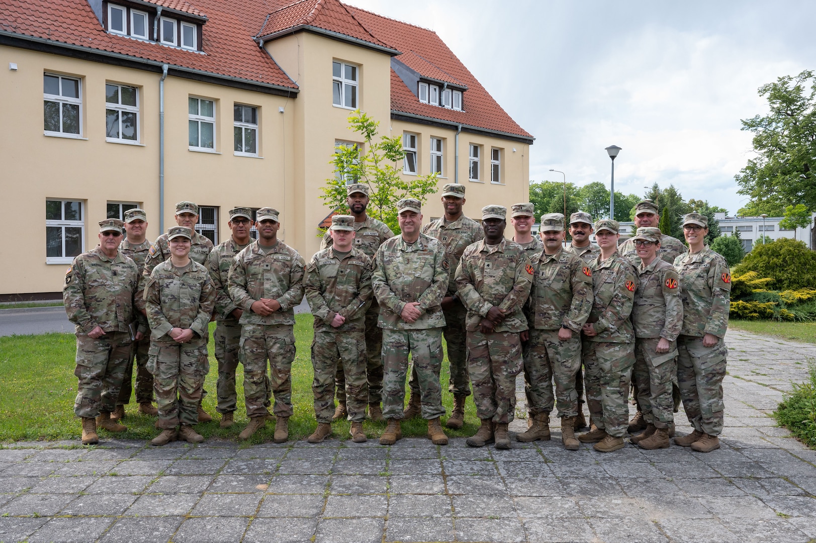 U.S. Air Force Maj. Gen. Gary Keefe, the Adjutant General of the Massachusetts National Guard (MANG), and senior leaders from the 164th Transportation Battalion visit the 1060th Transportation Company (TC) and their team during their deployment in Zagan, Poland, May 23, 2025.