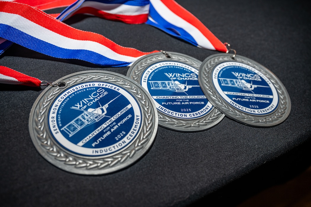 Medals for the newest Team Wright-Patt senior NCOs during an induction ceremony at the National Museum of the United States Air Forces, Aug 22. 2025. (U.S. Air Force photos by Daniel Peterson)