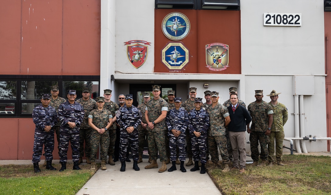 I Marine Expeditionary Force, Korps Marinir Republik Indonesia and Indonesian Navy leaders pose for a group photo during a planning meeting at Marine Corps Base Camp Pendleton, California, Aug. 19, 2025.