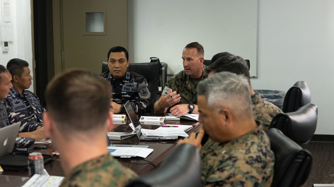 U.S. Marine Corps Col. Jonathan Frerichs, a future operations officer with I Marine Expeditionary Force, gives opening remarks during a planning meeting held alongside Korps Marinir Republik Indonesia and Indonesian Navy representatives at Marine Corps Base Camp Pendleton, California, Aug. 19, 2025. The engagement, hosted by I MEF with the Indonesian Navy and Korps Marinir Republik Indonesia, focused on strengthening the U.S.–Indonesia military relationship, reviewing bilateral training and operations, and planning future cooperation to enhance regional security and interoperability. (U.S. Marine Corps photo by Staff Sgt. Jennifer Andrade)