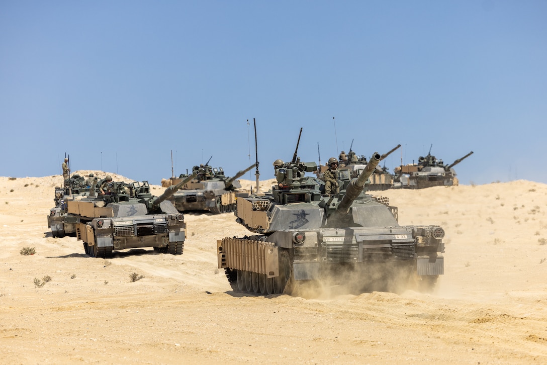 U.S. Army soldiers assigned to 3-278 Armored Combat Regiment, Task Force Reaper, maneuver M1A2 SEPv3 Abrams tanks during live fire training for exercise BRIGHT STAR 25 at Mohamed Naguib Military Base (MNMB), Egypt, Sep. 2, 2025. BRIGHT STAR 25 showcases our unified resolve and ability to respond to evolving challenges together. Strong defense partnerships like BRIGHT STAR build lasting capacity, improve interoperability, and send a clear message of deterrence to those who threaten (our partners) and regional peace and stability. (U.S. Army Photo by Joseph Kumzak)