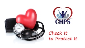 Graphic with heart and blood pressure cuff and text Check it to protect it