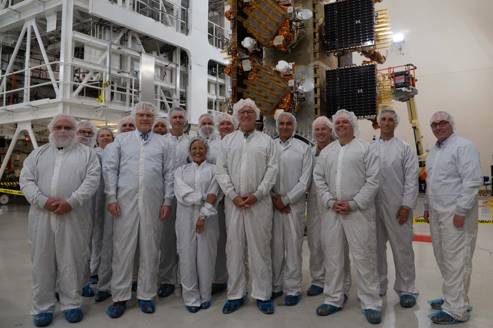 Secretary of the Air Force Troy Meink along with Senator Kevin Cramer (R-N.D.) pose with Vandenberg SFB leadership in front of the Space Development Agency’s Tranche 1 satellites at a satellite processing facility at Vandenberg Space Force Base, Calif., Aug. 28, 2025. Tranche 1 is slated to launch from the Vandenberg Spaceport no earlier than Sept. 10. This will be the first 21 of 126 Tranche 1 Transport Layer satellites going to low-Earth orbit to deliver next-gen capability to the joint warfighter to support terrestrial missions through the Proliferated Warfighter Space Architecture. (U.S. Air Force photo by Staff Sgt. Daekwon Stith)