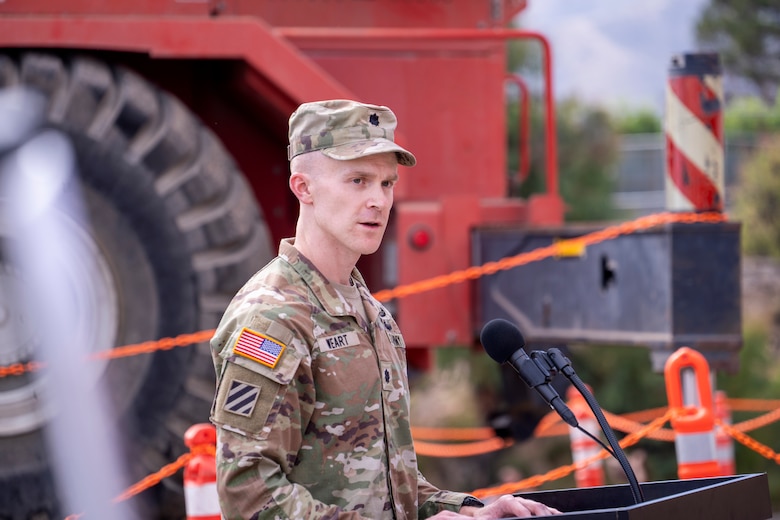 Lt. Col. David Weart, commander of the U.S. Army Corps of Engineers Recovery Field Office, speaks Aug. 26 during a milestone event marking the start of debris removal at the final opt-in private property in the Pacific Palisades Fire recovery area in Los Angeles.