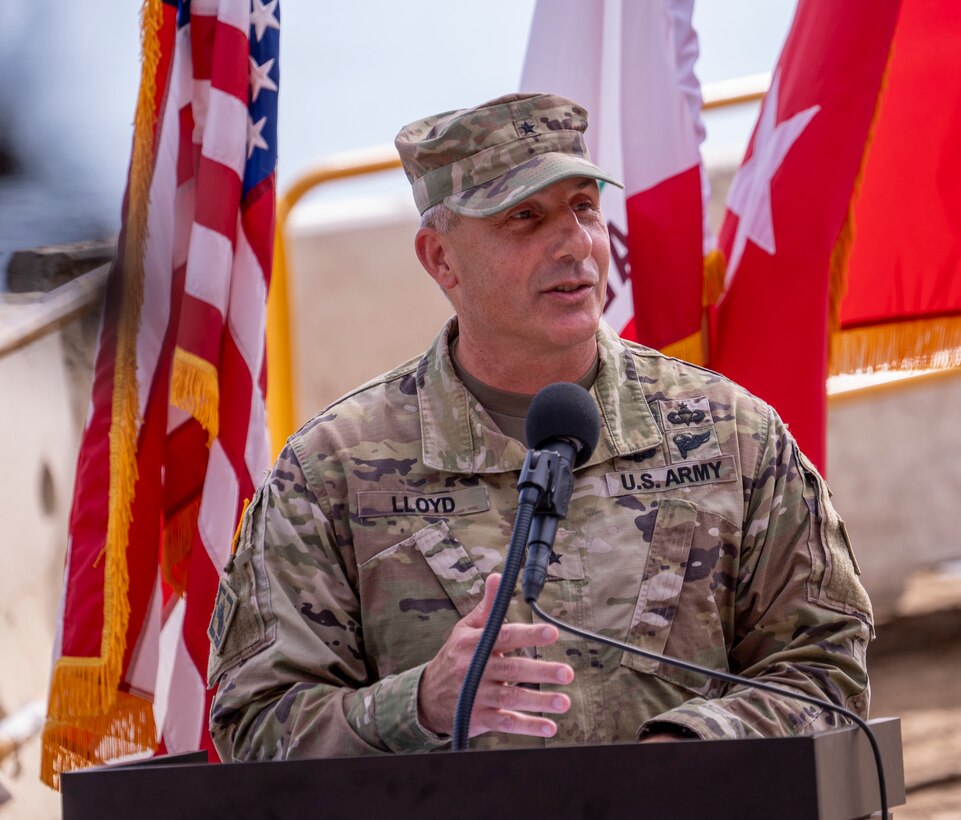 Brig. Gen. John Lloyd, commander of the U.S. Army Corps of Engineers South Pacific Division, delivers remarks Aug. 26 in the Los Angeles neighborhood of Pacific Palisades. Lloyd noted the milestone represented the fastest debris removal mission in USACE’s history.