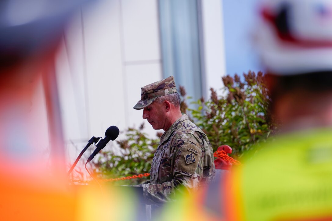 Brig. Gen. John Lloyd, commander of the U.S. Army Corps of Engineers South Pacific Division, delivers remarks Aug. 26 in the Los Angeles neighborhood of Pacific Palisades. Lloyd noted the milestone represented the fastest debris removal mission in USACE’s history.