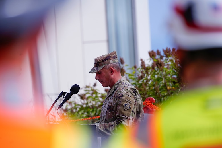 Brig. Gen. John Lloyd, commander of the U.S. Army Corps of Engineers South Pacific Division, delivers remarks Aug. 26 in the Los Angeles neighborhood of Pacific Palisades. Lloyd noted the milestone represented the fastest debris removal mission in USACE’s history.