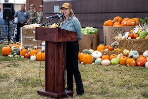 Sarah Frey, Frey Farms CEO, gives remarks during a ceremony to launch the Environmental Protection Agency’s new nationwide initiative, “Feed it Onward”