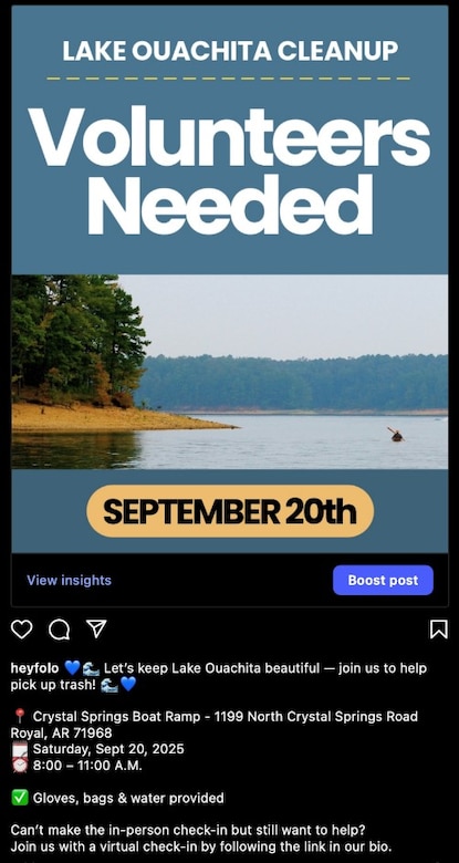 Instagram screenshot for Lake Ouachita Cleanup Day