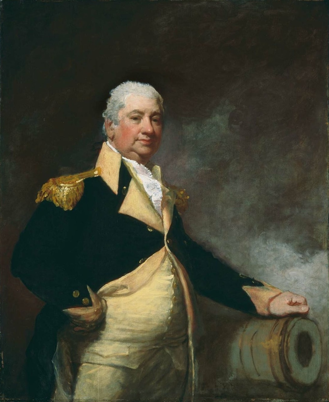 A painting depicting a man wearing a colonial military uniform leaning on a cannon barrel.