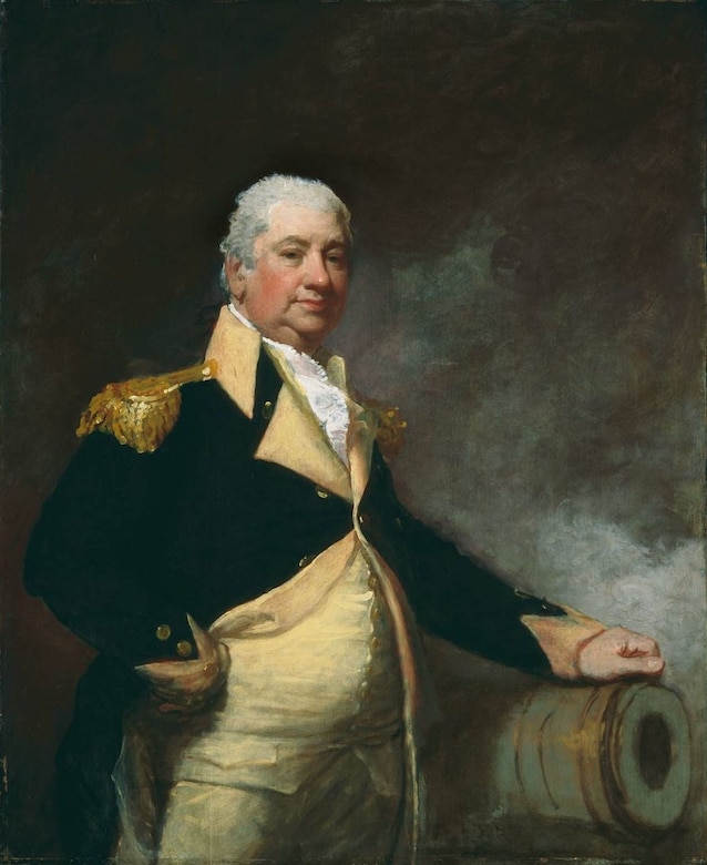 A painting depicting a man wearing a colonial military uniform leaning on a cannon barrel.
