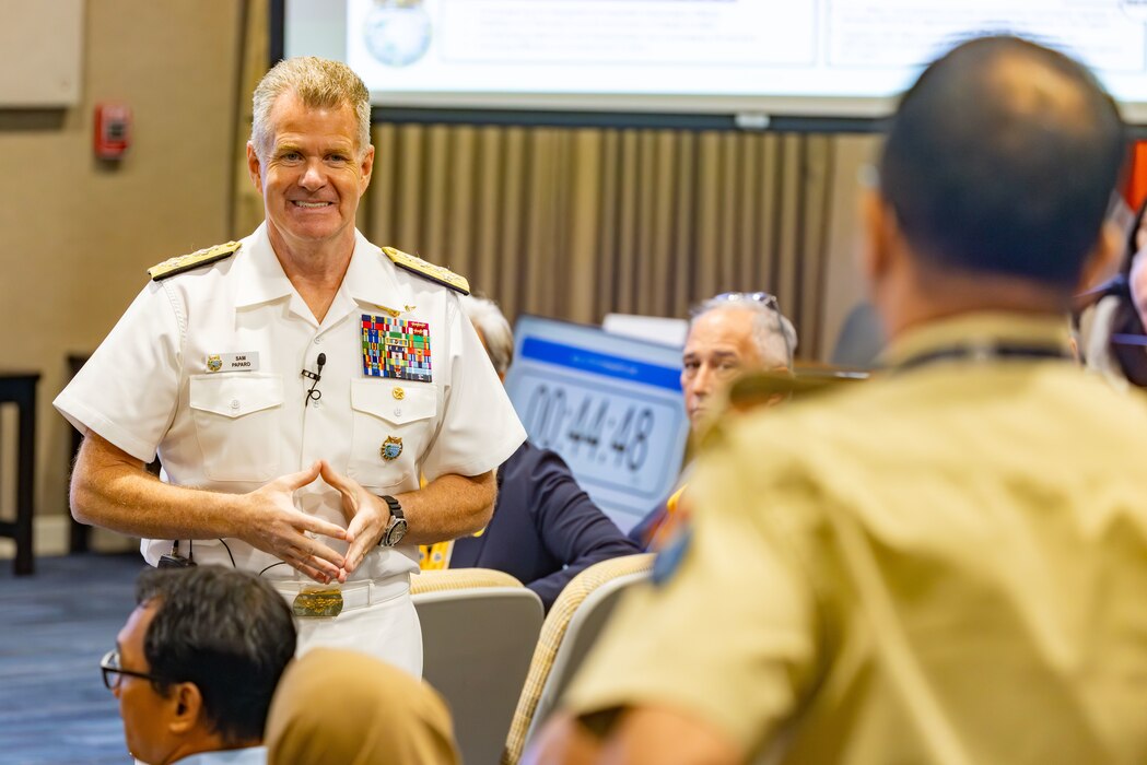 Adm. Samuel J. Paparo, commander of U.S. Pacific Command, addresses Fellows attending the Comprehensive Security Cooperation course (CSC 25-3) at the Daniel K. Inouye Asia-Pacific Center for Security Studies (DKI APCSS) on September 4, 2025.