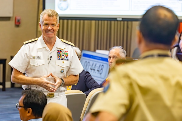 Adm. Samuel J. Paparo, commander of U.S. Pacific Command, addresses Fellows attending the Comprehensive Security Cooperation course (CSC 25-3) at the Daniel K. Inouye Asia-Pacific Center for Security Studies (DKI APCSS) on September 4, 2025.