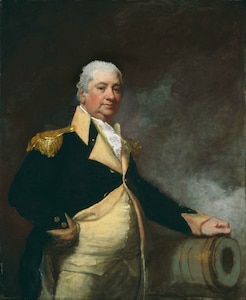 A painting depicting a man wearing a colonial military uniform leaning on a cannon barrel.