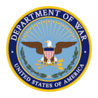 A seal showing an eagle with its wings spread out. It has a red, white and blue shield on its chest, and it is clutching three arrows. The seal reads “Department of War – United States of America.”