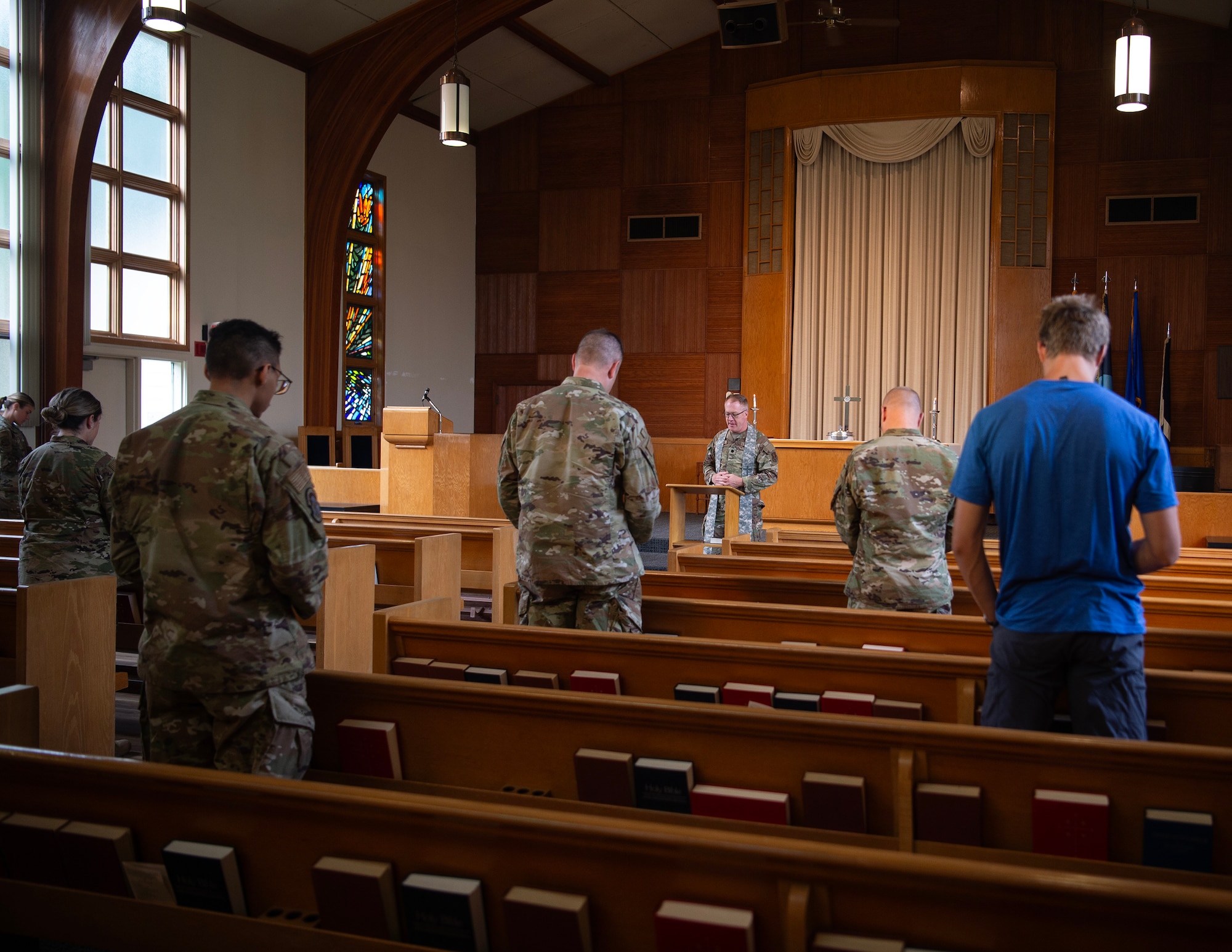 U.S. Air Force Ch. (Lt. Col.) Cory Germain gives a protestant service in St. Paul, Minn., Aug. 8, 2025.