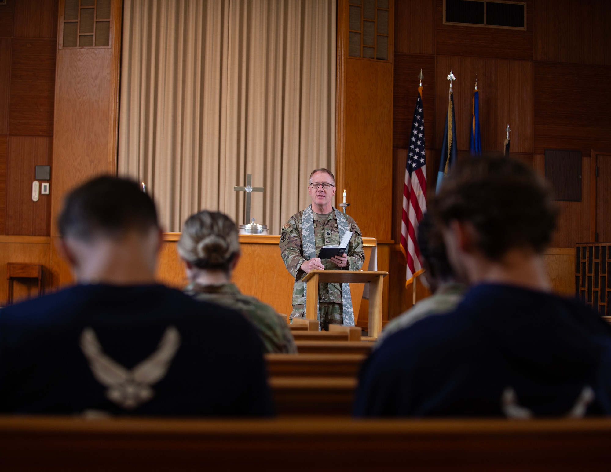 U.S. Air Force Ch. (Lt. Col.) Cory Germain gives a protestant service in St. Paul, Minn., Aug. 8, 2025.