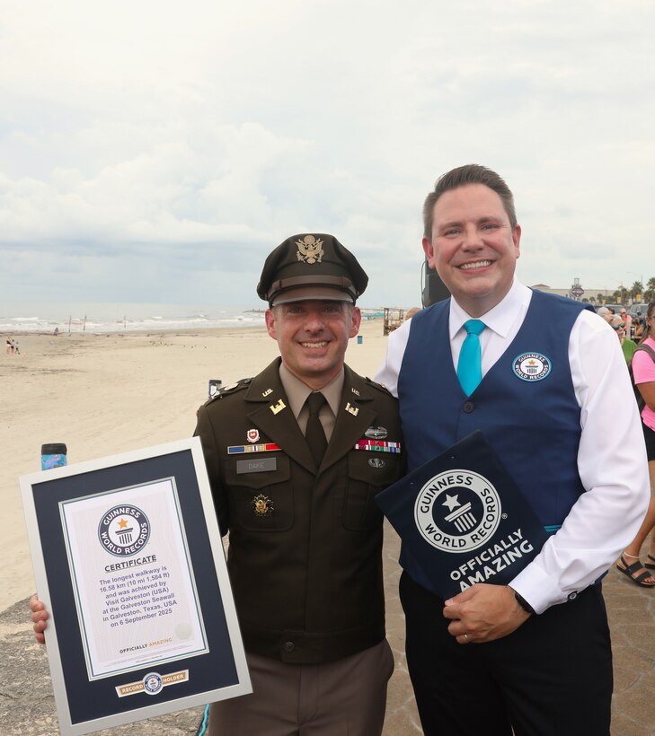 U.S. Army Corps of Engineers (USACE) Galveston District (SWG) Commander Col. David Dake [left] poses for a photo with Guinness World Records Spokesperson Michael Empric at the Galveston Seawall after an event observing the 125th anniversary of the Great Galveston Hurricane of 1900, September 6, 2025.

Empric officially recognized the Galveston Seawall as the world’s longest walkway, at 10 miles and 1,584 feet.