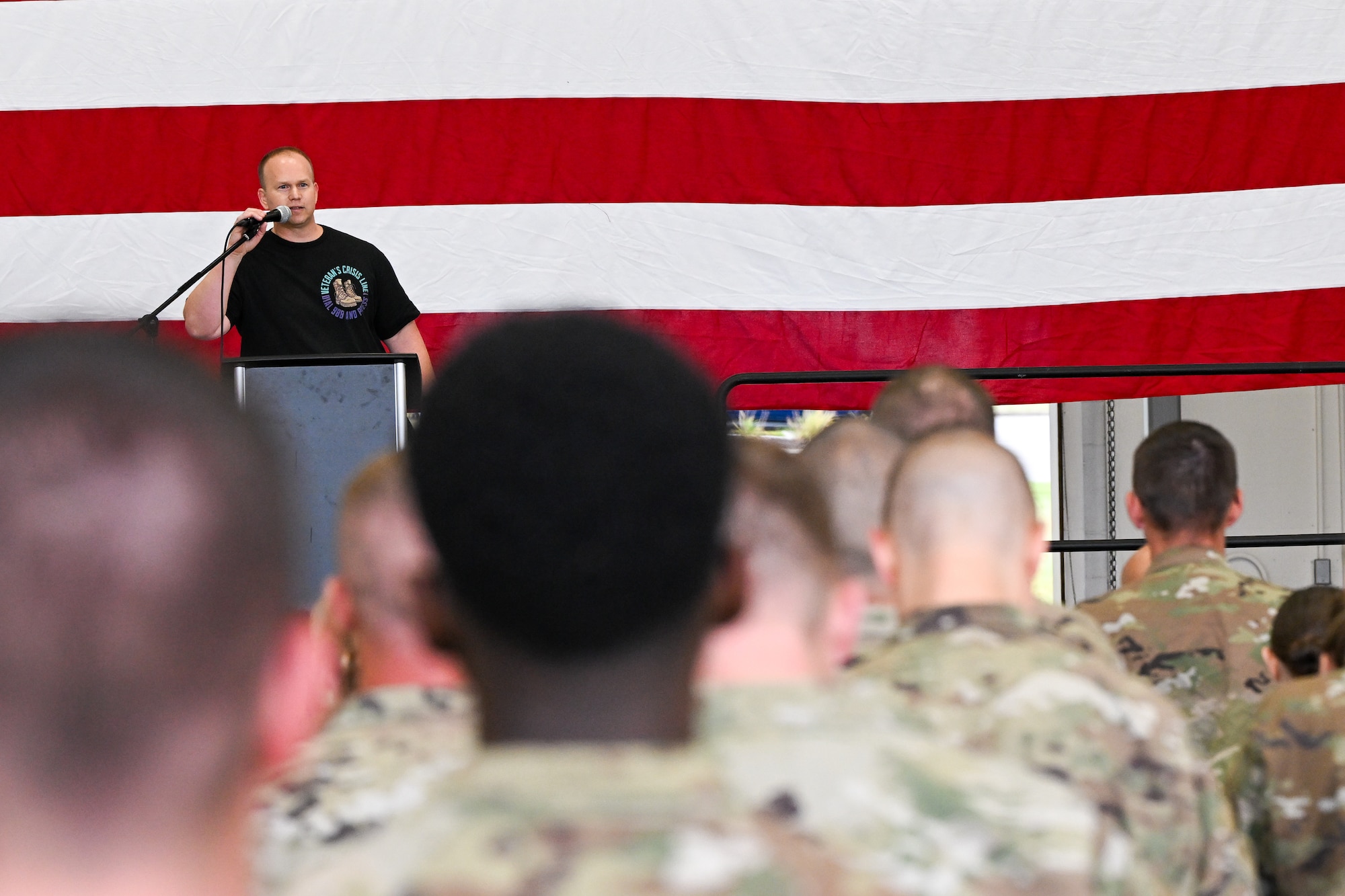 Mr. Mike Feick, a prevention coordination specialist with the 910th Airlift Wing, speaks to Reserve Airmen, Sept. 6, 2025, during a commander’s call at Youngstown Air Reserve Station, Ohio.