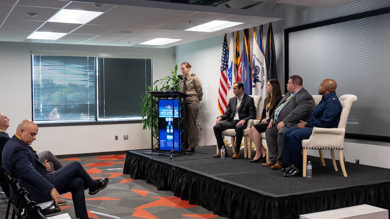 Maryland National Guard members alongside civilian security and infrastructure cybersecurity experts gather for a panel discussion during the second day of the State of Maryland Critical Infrastructure Cyber Resilience Workshop at the Technology Advancement Center in Columbia, Maryland, August 27, 2025. The Maryland Critical Infrastructure Cyber Resilience Workshop, which focused on the water and wastewater sector during the three-day event, was co-organized by the Office of the Under Secretary of Defense for Acquisition and Sustainment Cyber Warfare Directorate, the Maryland National Guard, and the state of Maryland. (U.S. Air National Guard Photo by Airman 1st Class Sarah Hoover)