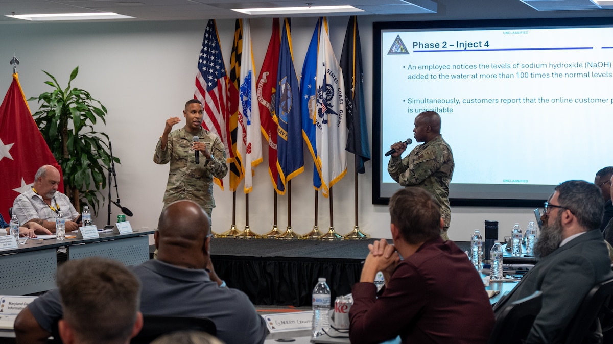 Maryland Army National Guard Col. Louis Patrick Hawkins Jr., Maryland National Guard chief of the joint staff, and Maryland Air National Guard Lt. Col. Michael S. Graham Jr., J6 for cyber operations with the Maryland National Guard Joint Staff, lead Maryland National Guardsmen and civilian security and infrastructure cybersecurity experts in a tabletop exercise during the third day of the State of Maryland Critical Infrastructure Cyber Resilience Workshop at the Technology Advancement Center in Columbia, Maryland, August 28, 2025. The Maryland Critical Infrastructure Cyber Resilience Workshop, which focused on the water and wastewater sector during the three-day event, was co-organized by the Office of the Under Secretary of Defense for Acquisition and Sustainment Cyber Warfare Directorate, the Maryland National Guard, and the state of Maryland. (U.S. Air National Guard Photo by Airman 1st Class Sarah Hoover)