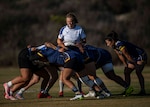 Air Force prepares the scrum against Navy during the 2025 Armed Forces Women's Rugby Championship held at the Chula Vista Elite Athletic Center in Chula Vista, Calif. (Photo by PO1 Colby Mothershead - Released)