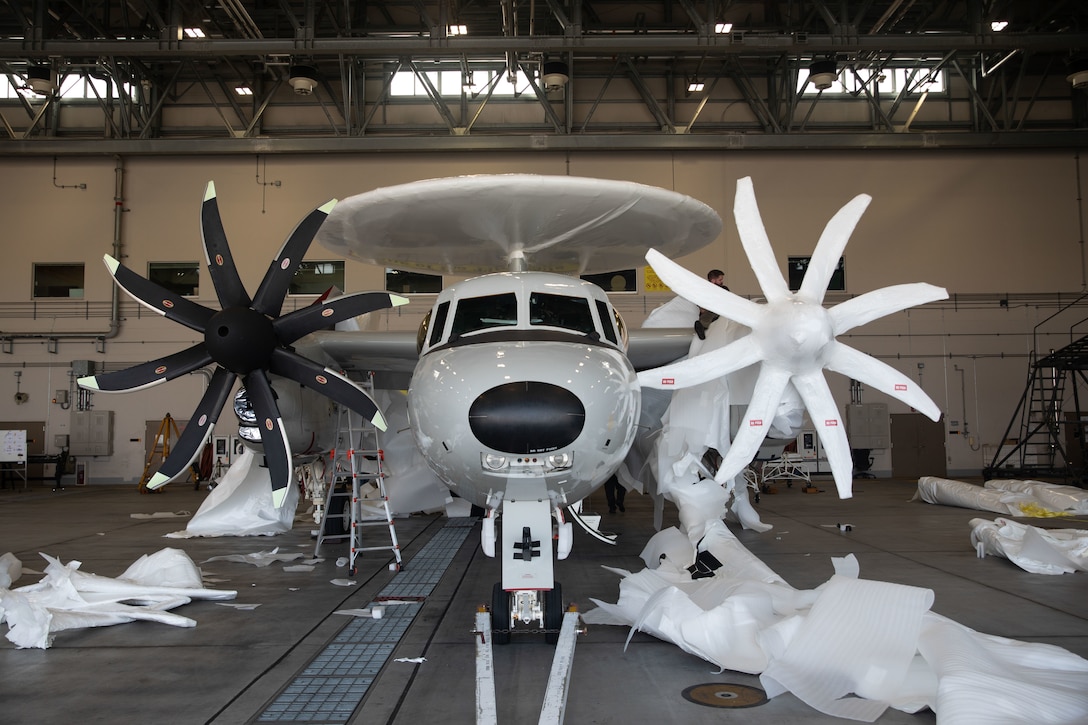Marine Corps Airstation Iwakuni personnel conduct depreservation of the E2D Advanced Hawkeye at MCAS Iwakuni, Japan, August 20, 2025. MCAS Iwakuni is uniquely positioned to support the dynamic transportation of various military assets between sea and shore through use of its co-located harbor and airfield.