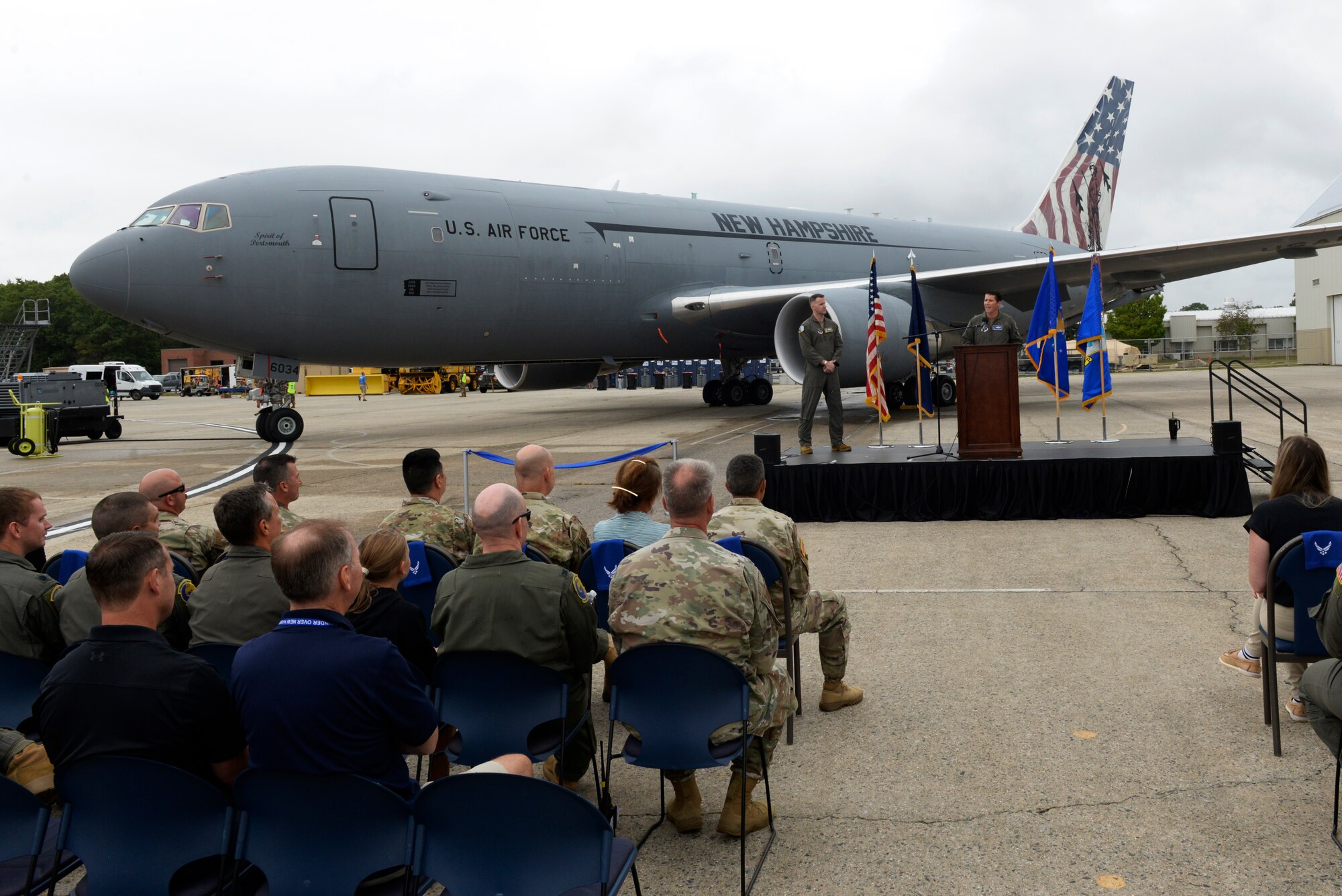 U.S. Air Force Col. Daniel Wittmer, commander of the Air National Guard Air Force Reserve Command Test Center, delivers remarks during a ribbon cutting ceremony for the newly created AATC KC-46 Combined Test Center at Pease Air National Guard Base, New Hampshire, Sept. 5, 2025. The milestone established the 157th ARW and the AATC as key players in testing and fielding advanced capabilities for the KC-46A. (U.S. Air National Guard photo by Senior Master Sgt. Timm Huffman)