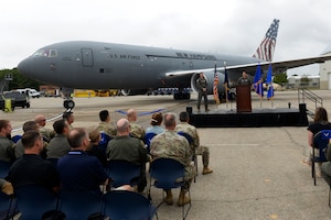 U.S. Air Force Col. Daniel Wittmer, commander of the Air National Guard Air Force Reserve Command Test Center, delivers remarks during a ribbon cutting ceremony for the newly created AATC KC-46 Combined Test Center at Pease Air National Guard Base, New Hampshire, Sept. 5, 2025. The milestone established the 157th ARW and the AATC as key players in testing and fielding advanced capabilities for the KC-46A. (U.S. Air National Guard photo by Senior Master Sgt. Timm Huffman)
