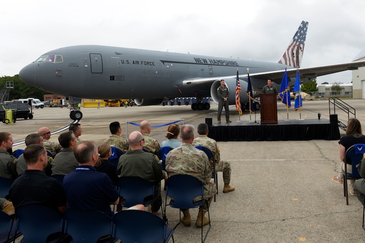 U.S. Air Force Col. Daniel Wittmer, commander of the Air National Guard Air Force Reserve Command Test Center, delivers remarks during a ribbon cutting ceremony for the newly created AATC KC-46 Combined Test Center at Pease Air National Guard Base, New Hampshire, Sept. 5, 2025. The milestone established the 157th ARW and the AATC as key players in testing and fielding advanced capabilities for the KC-46A. (U.S. Air National Guard photo by Senior Master Sgt. Timm Huffman)