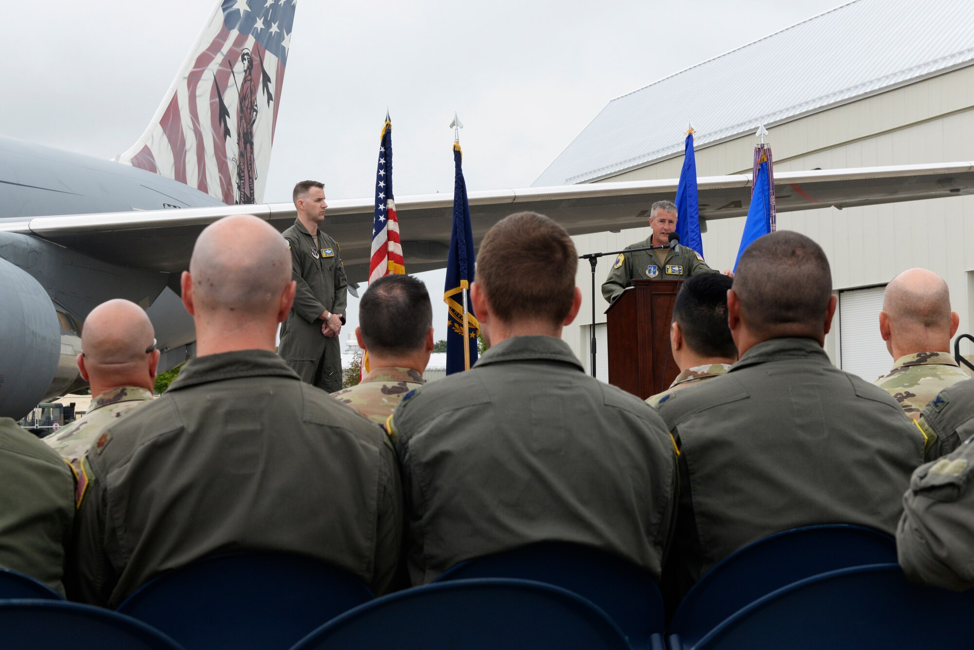 U.S. Air Force Col. Nelson Perron, commander of the 157th Air Refueling Wing, delivers remarks during a ribbon cutting for the newly created Air National Guard Air Force Reserve Command Test Center KC-46A Combined Test Force at Pease Air National Guard Base, New Hampshire, Sept. 5, 2025. The milestone established the 157th ARW and the AATC as key players in testing and fielding advanced capabilities for the KC-46A. (U.S. Air National Guard photo by Senior Master Sgt. Timm Huffman)