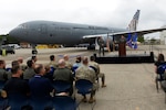 U.S. Air Force Col. Daniel Wittmer, commander of the Air National Guard Air Force Reserve Command Test Center, delivers remarks during a ribbon-cutting ceremony for the newly created AATC KC-46 Combined Test Center at Pease Air National Guard Base, New Hampshire, Sept. 5, 2025. The milestone established the 157th ARW and the AATC as key players in testing and fielding advanced capabilities for the KC-46A.