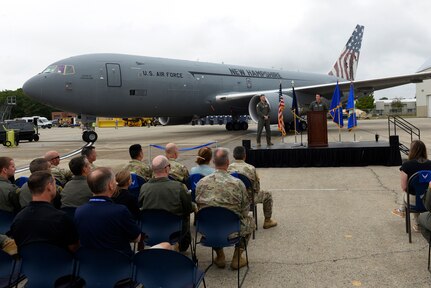 U.S. Air Force Col. Daniel Wittmer, commander of the Air National Guard Air Force Reserve Command Test Center, delivers remarks during a ribbon-cutting ceremony for the newly created AATC KC-46 Combined Test Center at Pease Air National Guard Base, New Hampshire, Sept. 5, 2025.