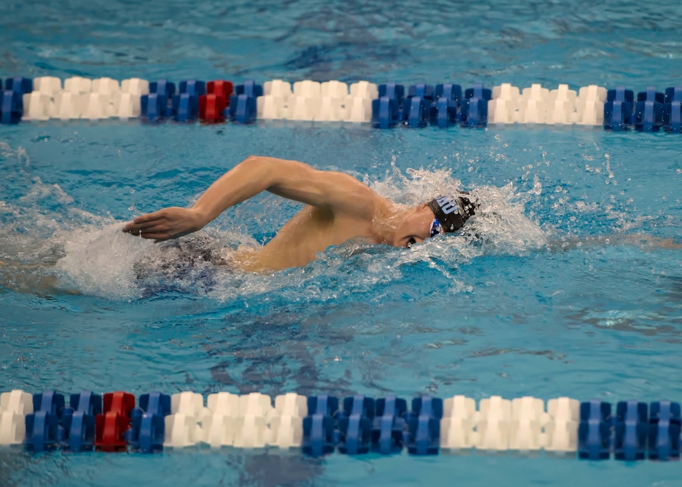 Lieutenant Andrew Greenhalgh, a second-year psychiatry resident with Navy Medicine Readiness and Training Command Camp Lejeune, swims laps while training for the upcoming Armed Forces National Triathlon Championships in San Diego, September 10-14, 2025.