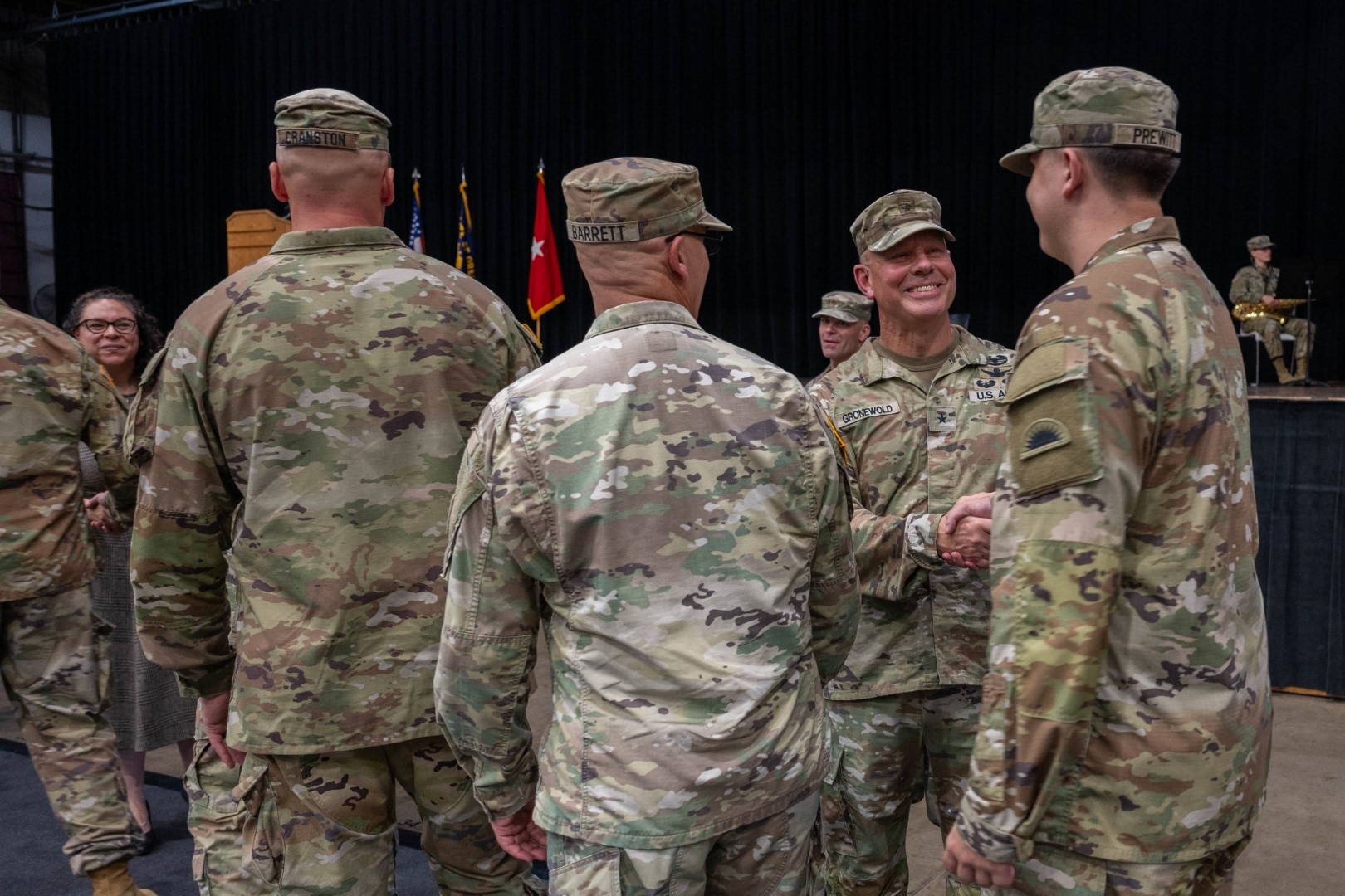Brig. Gen. Alan R. Gronewold, the Adjutant General, Oregon, shakes hands with Soldiers of the 41st Infantry Brigade Combat Team (IBCT) during their demobilization ceremony at the Salem Armory Auditorium, September 6, 2025, in Salem, Ore.