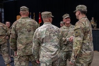 Brig. Gen. Alan R. Gronewold, the Adjutant General, Oregon, shakes hands with Soldiers of the 41st Infantry Brigade Combat Team (IBCT) during their demobilization ceremony at the Salem Armory Auditorium, September 6, 2025, in Salem, Ore.