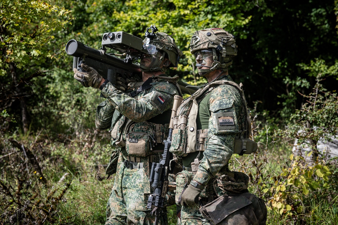 Dutch soldiers assigned to the 17th Light Armored BN utilize a stinger in a simulated training exercise during Saber Junction 25 at the Hohenfels Training Area, Joint Multinational Readiness Center, Germany, September. 4, 2025