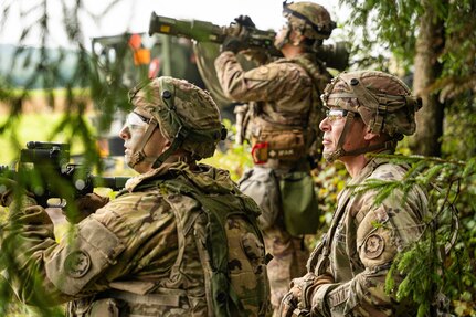 U.S. Soldiers assigned to the Regimental Support Squadron (RSS), 2nd Cavalry Regiment scan their sectors for opposing forces during Saber Junction 25 at Buschhof, Germany, Sept. 5, 2025.