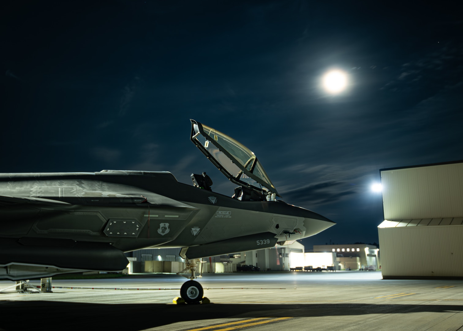 A F-35A Lightning II assigned to the 134th Fighter Squadron of the Vermont Air National Guard's 158th Fighter Wing sits out on the flightline of the Vermont Air National Guard Base.