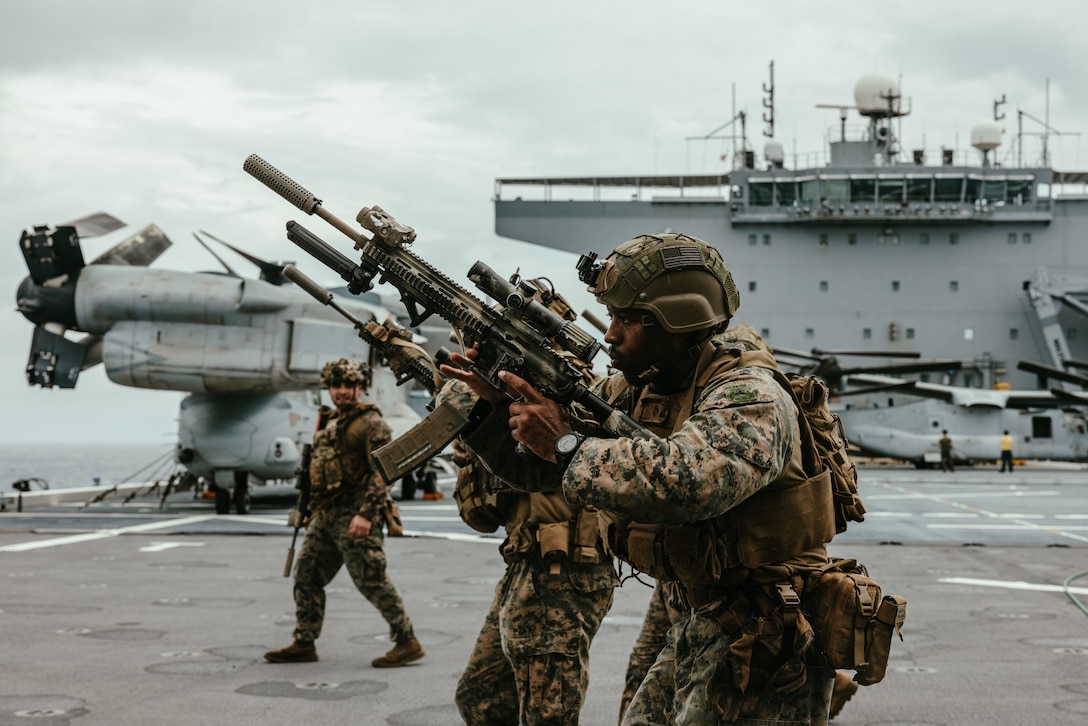 U.S. Marine Corps Cpl. Darrien Philpot, an infantryman with Fox Company, 2nd Battalion, 1st Marine Regiment, Marine Rotational Force – Darwin 25.3, conducts weapons handling drills aboard the expeditionary sea base USS Miguel Keith (ESB 5) in the Philippine Sea, Sept. 1, 2025.