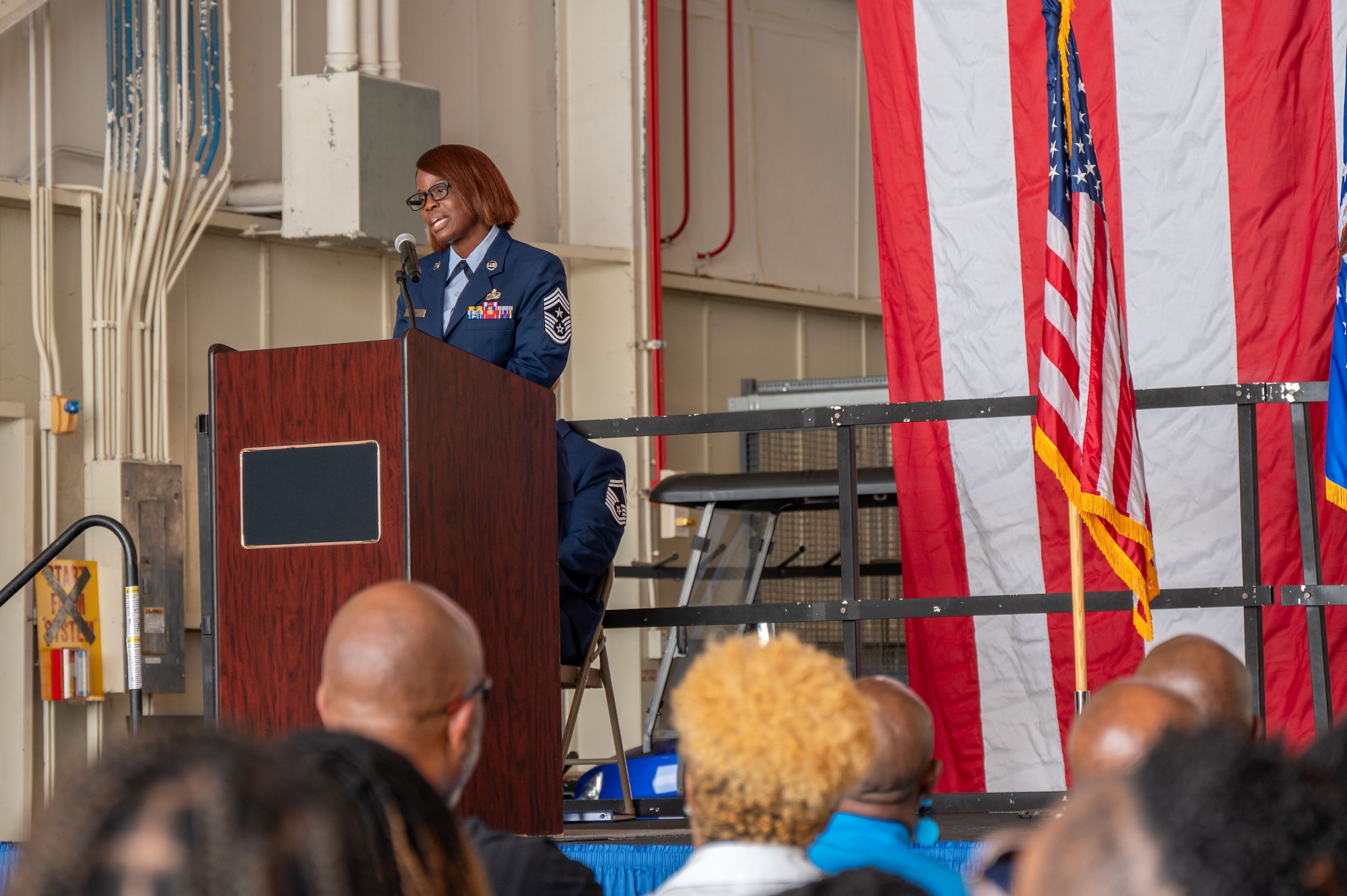 Chief Master Sgt. Marcia Evans addresses Airmen and guests during her assumption of responsibility ceremony at Duke Field, Florida, Sept. 6, 2025. Evans became the 919th Special Operations Wing command chief and will serve as the senior enlisted advisor to the wing commander on all matters concerning the enlisted force.
