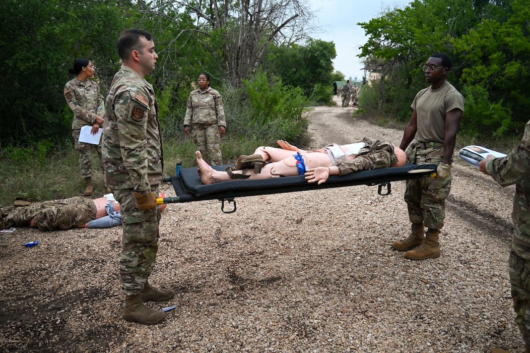 433rd Medical Group Reserve Airmen participate in a mass-casualty response training event Sep. 6, 2025, at Camp Bramble, located on Joint Base San Antonio-Lackland, Texas.